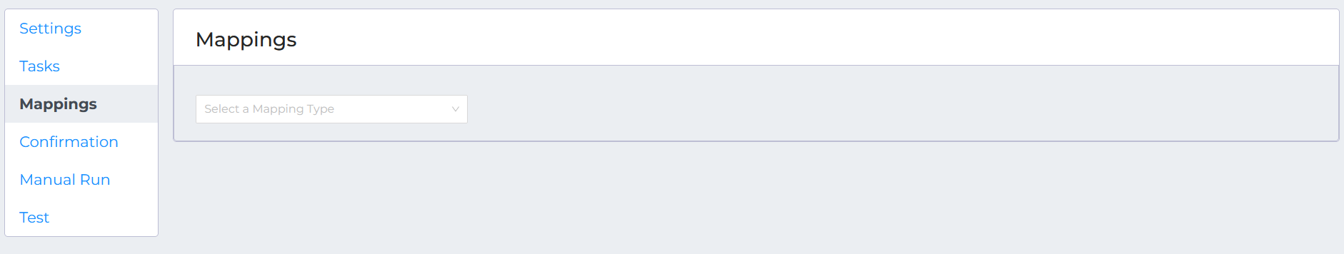 The Mappings tab of a Data Pull integration, with a dropdown menu prompting the user to select a mapping type.