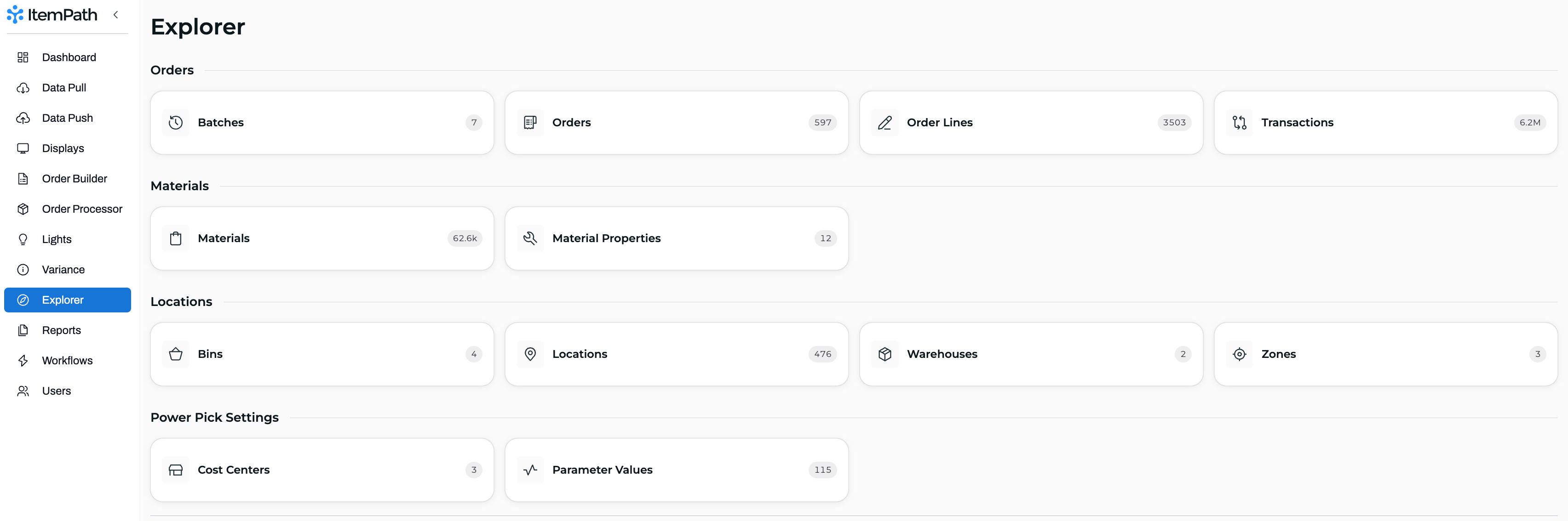 Finding Bins and Materials Page Explorer Page Item Path
