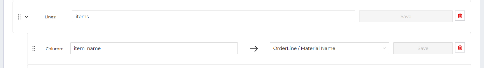 Mappings for indicating that fields below "items" are for order lines. A column mapping is indented to the right.
