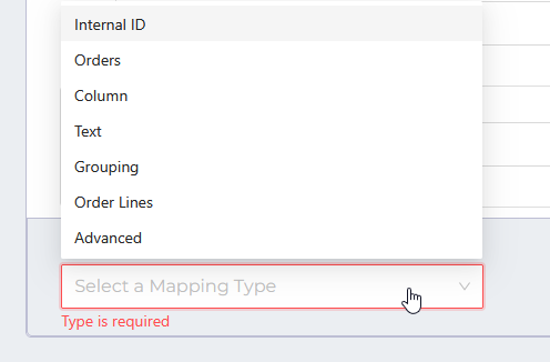 Selecting a mapping type from the dropdown - the list of types is available in a table below.
