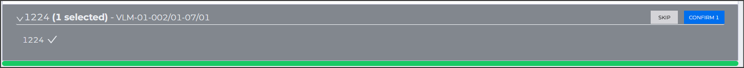 The serial selection view, where a serial number has been selected (indicated by a check mark). Unlike in manual processing, the user is unable to specify fields about the line item. They can skip or confirm.