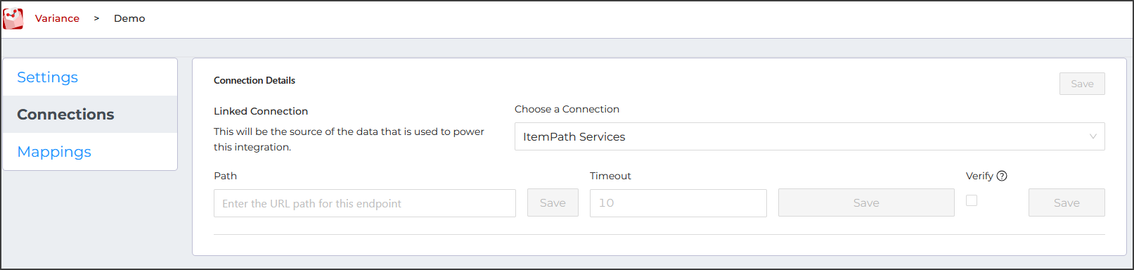 The Variance app, open to the connections tab, featuring a REST connection with input fields for the options described above.