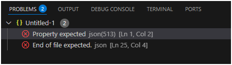 A dark mode interface open to a problems tab, containing two errors, referenced as Property expected and End of file expected. Each error includes a language (json), and line and column refrences.
