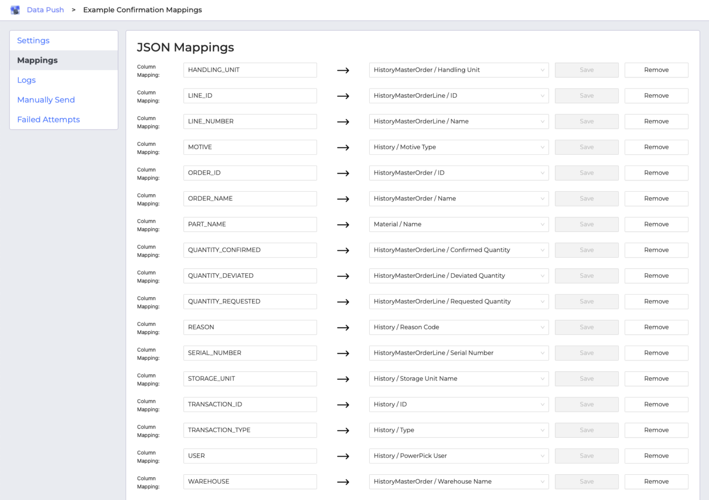 Data Push Confirmation Mappings