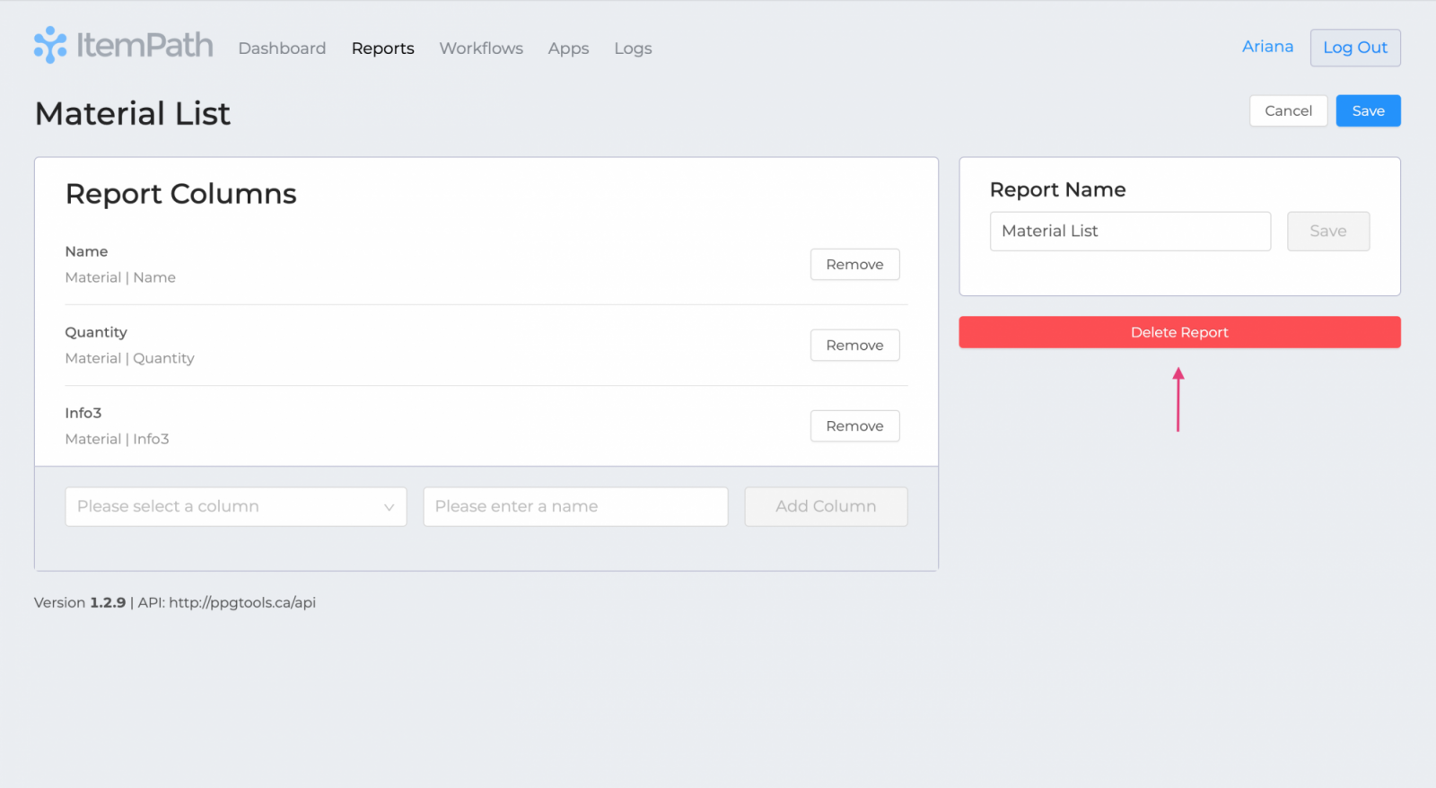 Delete Report Screenshot