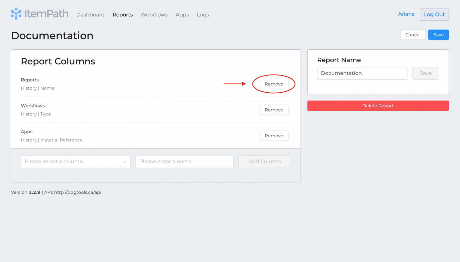Remove Report Screenshot