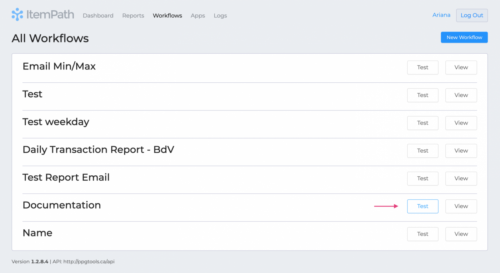 Test Workflow Screenshot