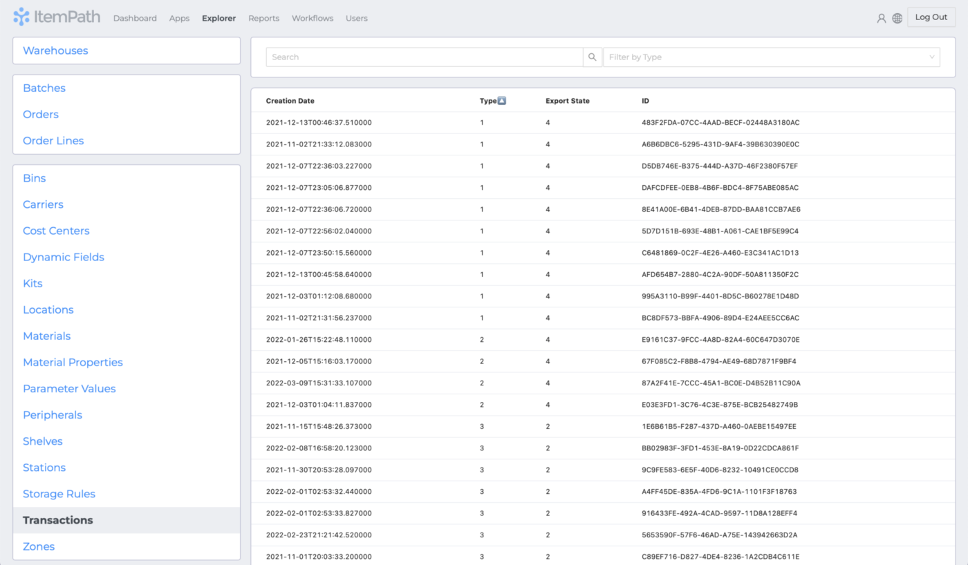 Explorer transactions table