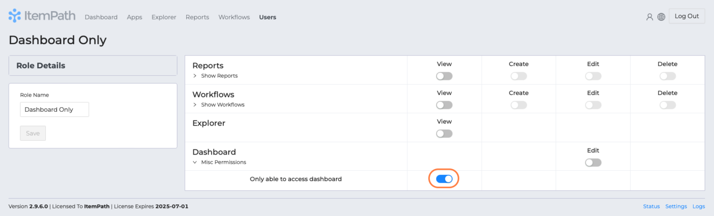 Permissions dashboard only toggle