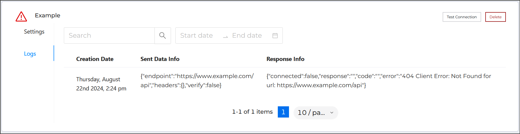 The log table, with search inputs and a sample error message with a 404 error from pinging a domain.