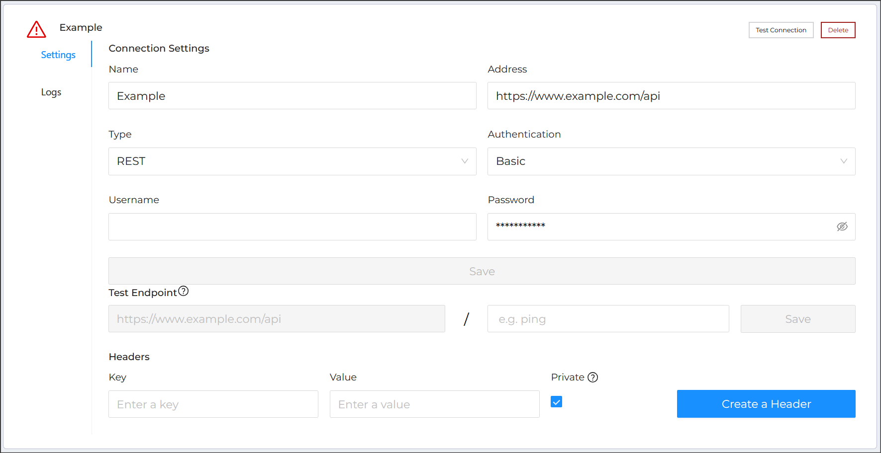 The expanded connection card, with additional settings for specifying a Test Endpoint and request headers.