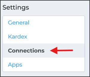 Detail of the Settings tab in itemPath, with an arrow pointing to the Connections option in the sidebar.