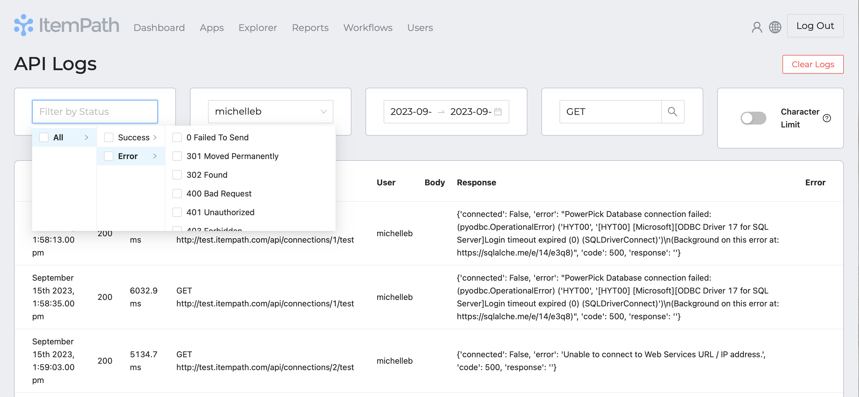 Logs filters status