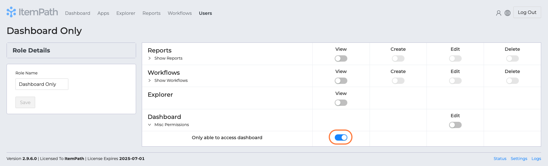 Permissions dashboard only toggle